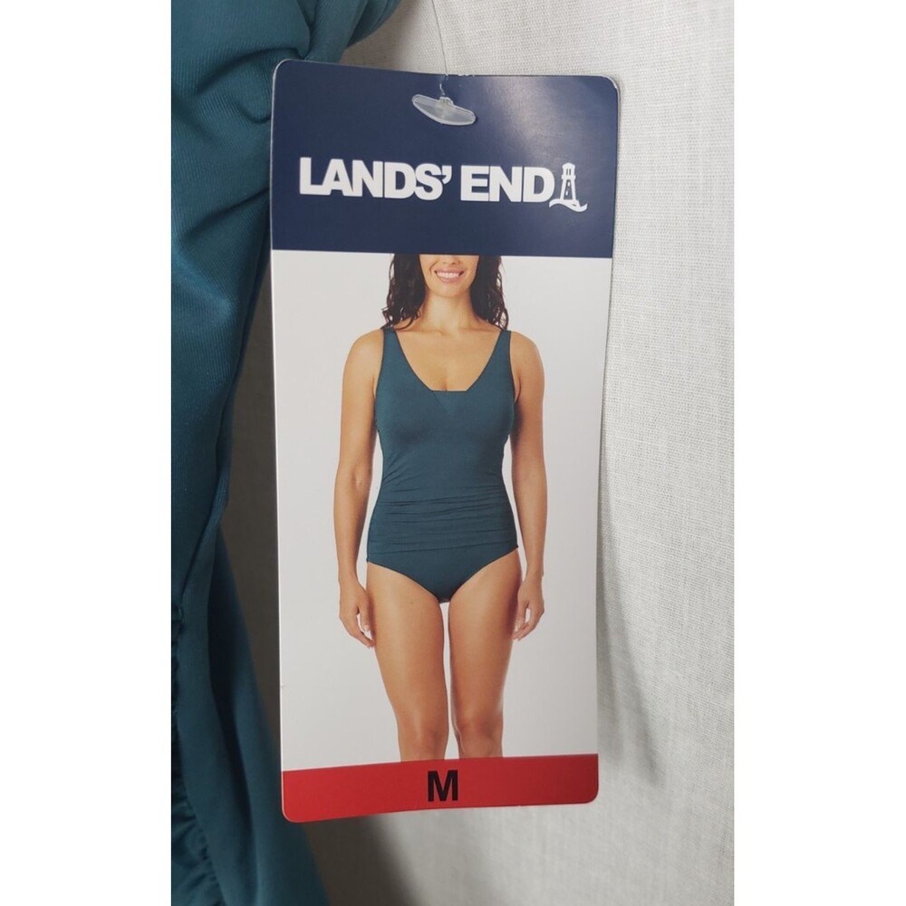 Lands End Womens One Piece Swimsuit Ruched Sides M Green Bikini Cut Beach Summer